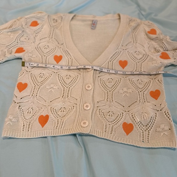 Blue Steel Medium Cream Open Knit Button cardigan w/ Orange Embroidered Hearts. - Picture 3 of 11